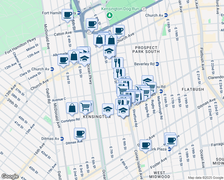 map of restaurants, bars, coffee shops, grocery stores, and more near 353 East 8th Street in Brooklyn