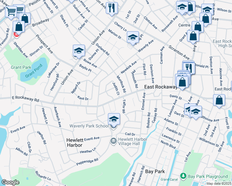 map of restaurants, bars, coffee shops, grocery stores, and more near 82 Judith Court in East Rockaway