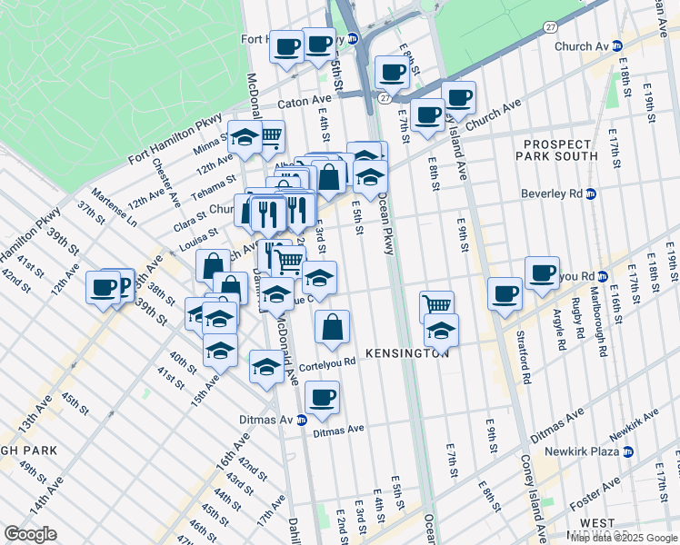 map of restaurants, bars, coffee shops, grocery stores, and more near 438 East 4th Street in Brooklyn