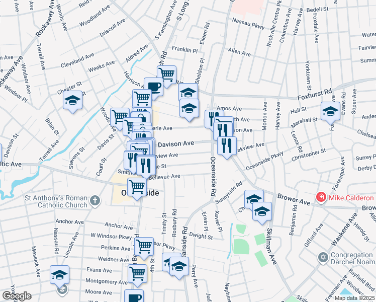 map of restaurants, bars, coffee shops, grocery stores, and more near 82 Fairview Avenue in Oceanside