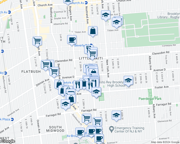 map of restaurants, bars, coffee shops, grocery stores, and more near 1832 Nostrand Avenue in Brooklyn