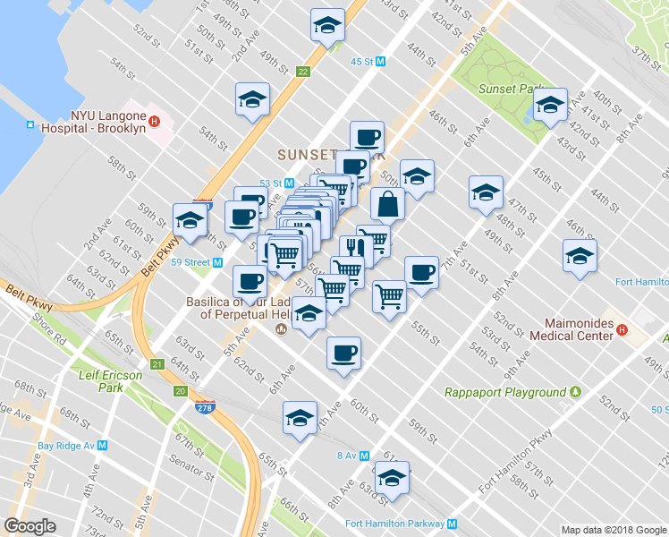 map of restaurants, bars, coffee shops, grocery stores, and more near 572 55th Street in Brooklyn
