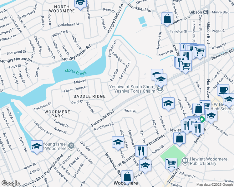 map of restaurants, bars, coffee shops, grocery stores, and more near 964 South End in Woodmere