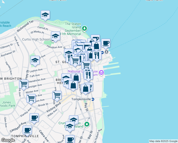 map of restaurants, bars, coffee shops, grocery stores, and more near 35 Bay Street in Staten Island