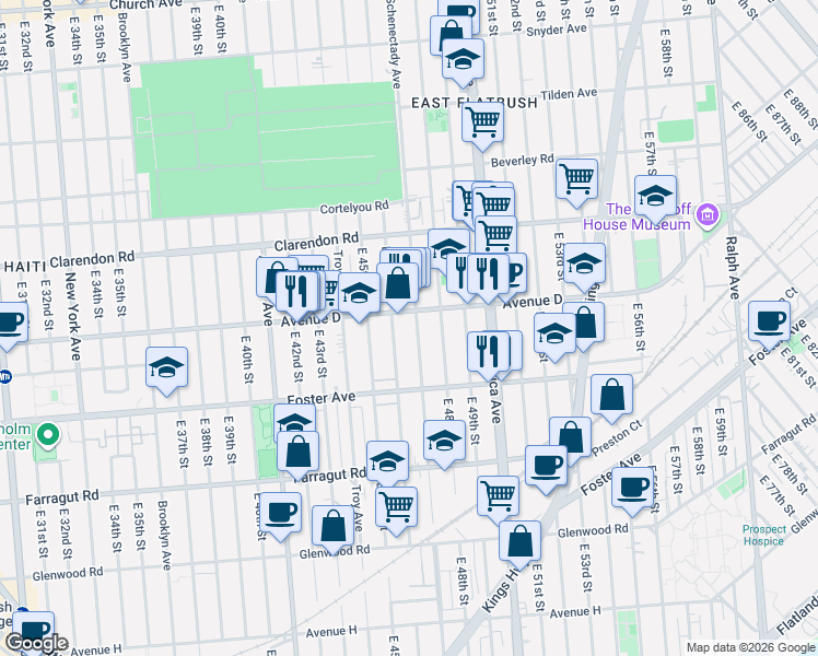 map of restaurants, bars, coffee shops, grocery stores, and more near 1299 Schenectady Avenue in Brooklyn