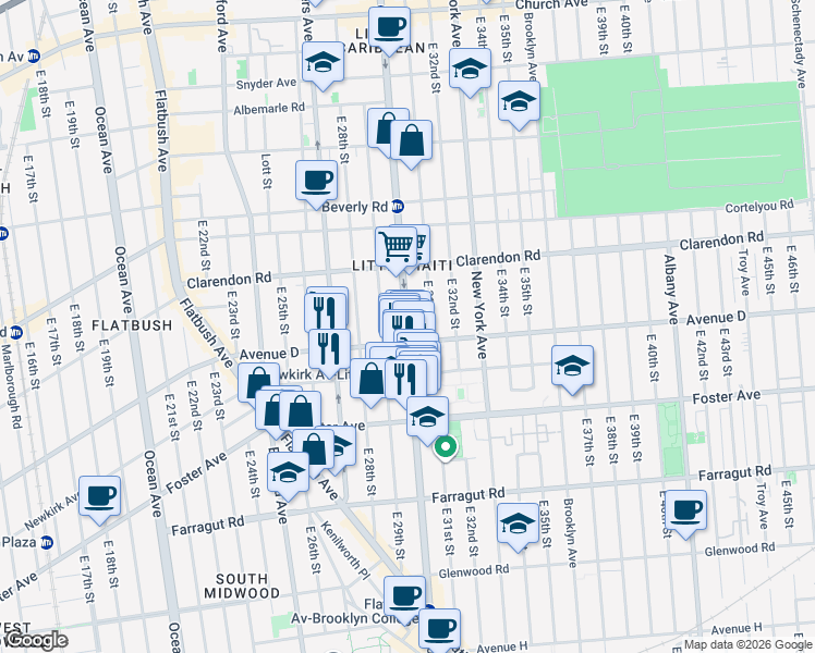 map of restaurants, bars, coffee shops, grocery stores, and more near Nostrand Avenue in Brooklyn