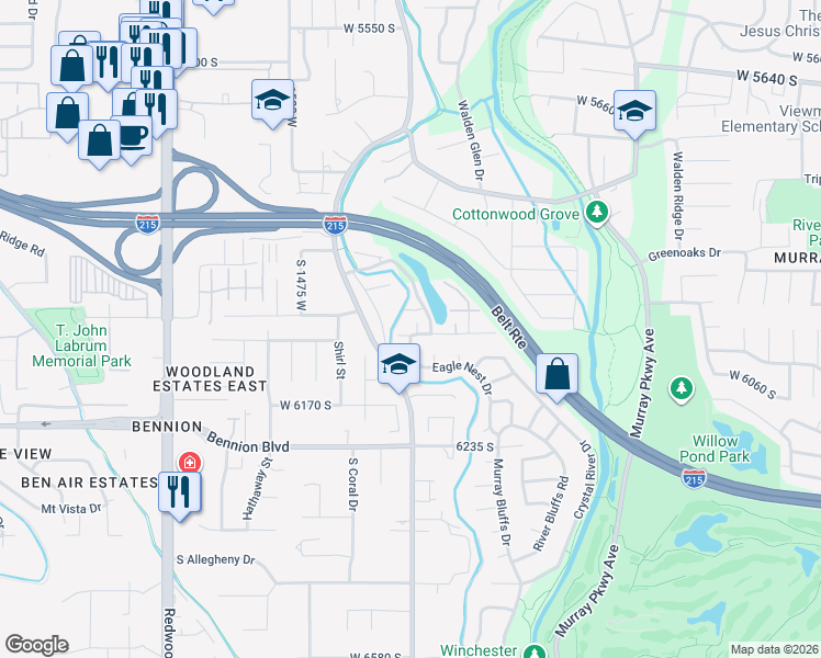 map of restaurants, bars, coffee shops, grocery stores, and more near 6052 Mcbeth Court in Murray