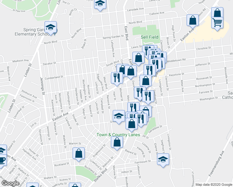 map of restaurants, bars, coffee shops, grocery stores, and more near 2036 Hart Street in Bethlehem