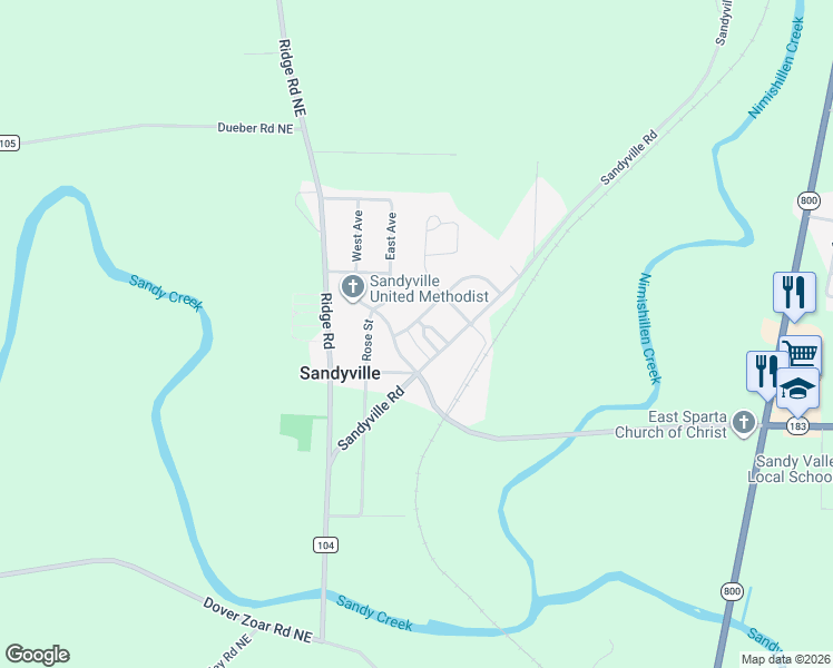 map of restaurants, bars, coffee shops, grocery stores, and more near 4270 Laffer Square in Sandyville