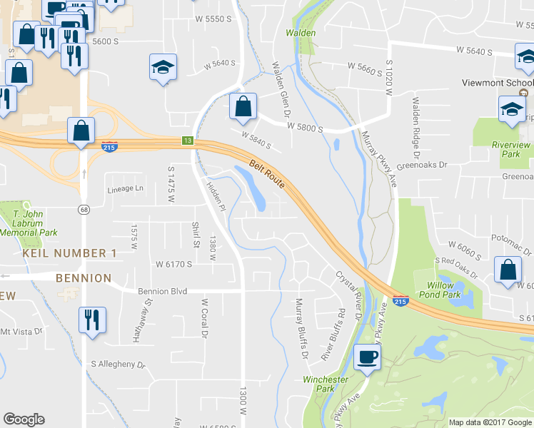 map of restaurants, bars, coffee shops, grocery stores, and more near 6054 Glencoe Court in Murray