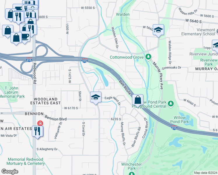 map of restaurants, bars, coffee shops, grocery stores, and more near 6054 Glencoe Court in Murray