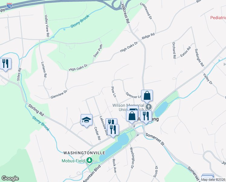 map of restaurants, bars, coffee shops, grocery stores, and more near Pine Lane in Watchung