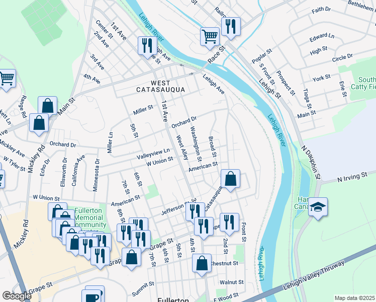 map of restaurants, bars, coffee shops, grocery stores, and more near 213 East Union Street in Fullerton