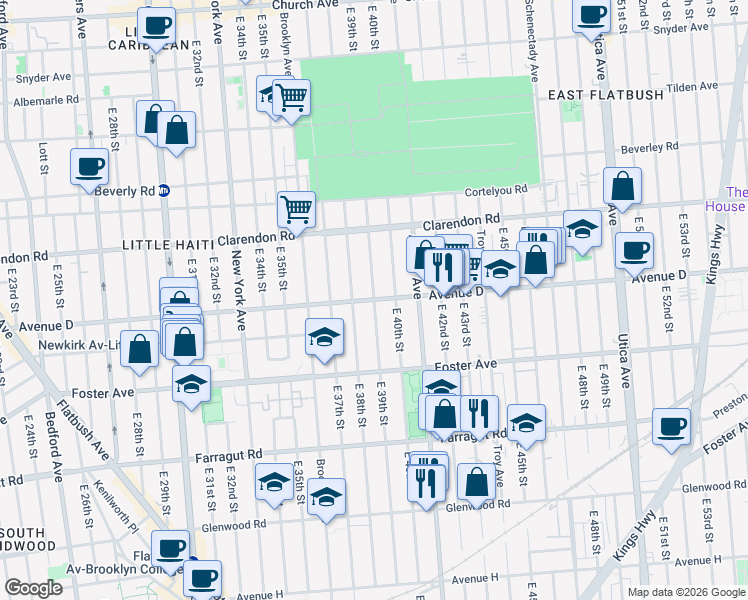 map of restaurants, bars, coffee shops, grocery stores, and more near Avenue D & East 39th Street in Brooklyn