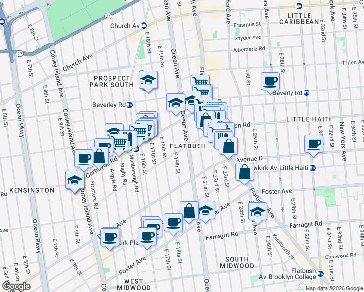 map of restaurants, bars, coffee shops, grocery stores, and more near 1911 Dorchester Road in Brooklyn