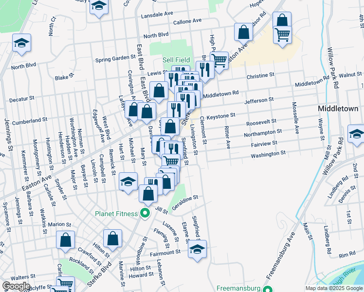 map of restaurants, bars, coffee shops, grocery stores, and more near 2017 Siegfried Street in Bethlehem