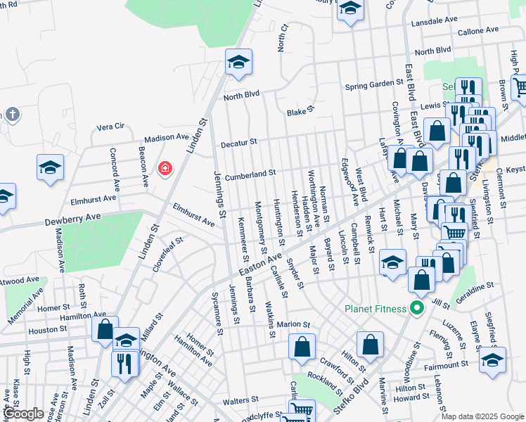 map of restaurants, bars, coffee shops, grocery stores, and more near 2048 Montgomery Street in Bethlehem