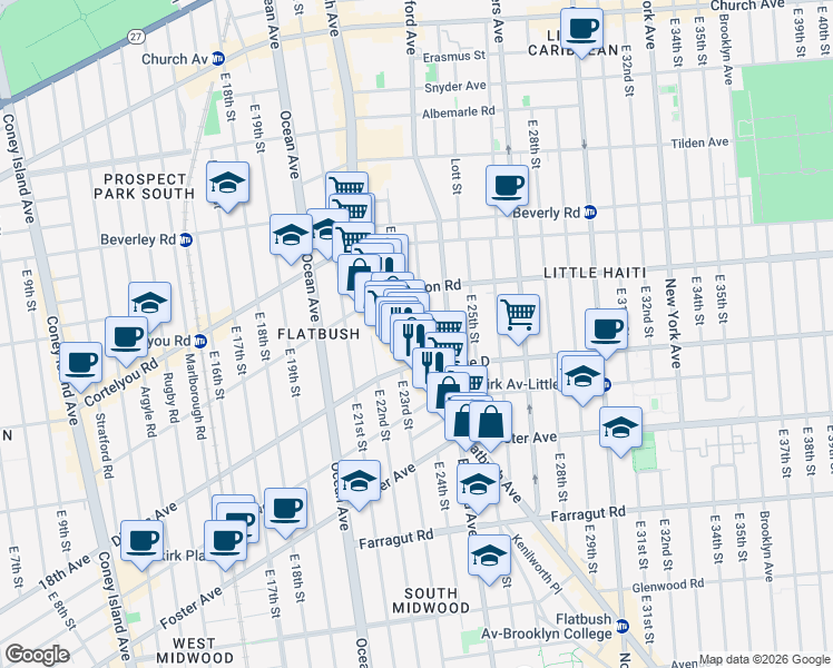map of restaurants, bars, coffee shops, grocery stores, and more near 354 East 23rd Street in Brooklyn
