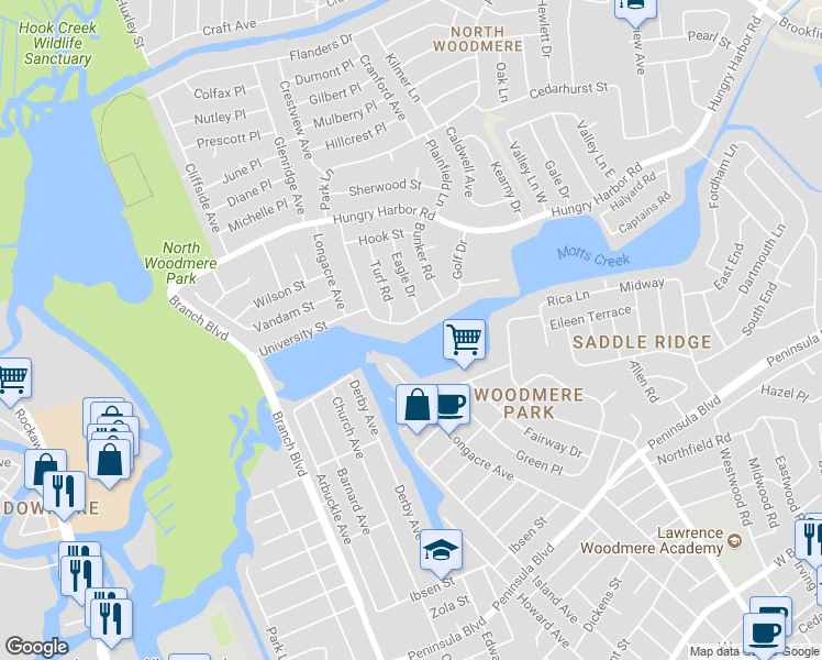 map of restaurants, bars, coffee shops, grocery stores, and more near 657 Golf Drive in Valley Stream