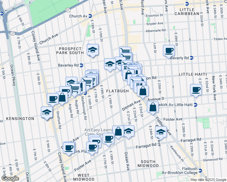 map of restaurants, bars, coffee shops, grocery stores, and more near 1921 Dorchester Road in Brooklyn