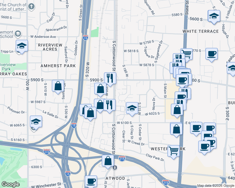 map of restaurants, bars, coffee shops, grocery stores, and more near 5944 South Sultan Circle in Murray