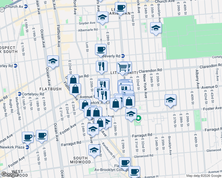 map of restaurants, bars, coffee shops, grocery stores, and more near 2811 Avenue D in Brooklyn