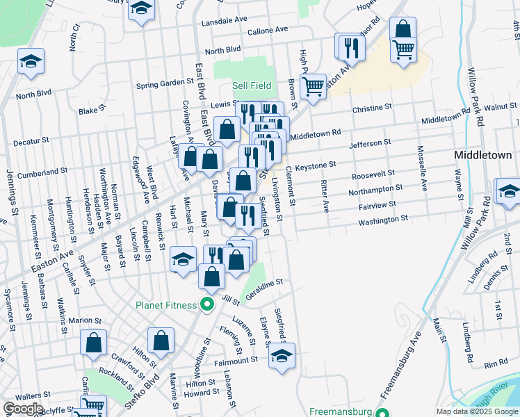map of restaurants, bars, coffee shops, grocery stores, and more near 2017 Siegfried Street in Bethlehem