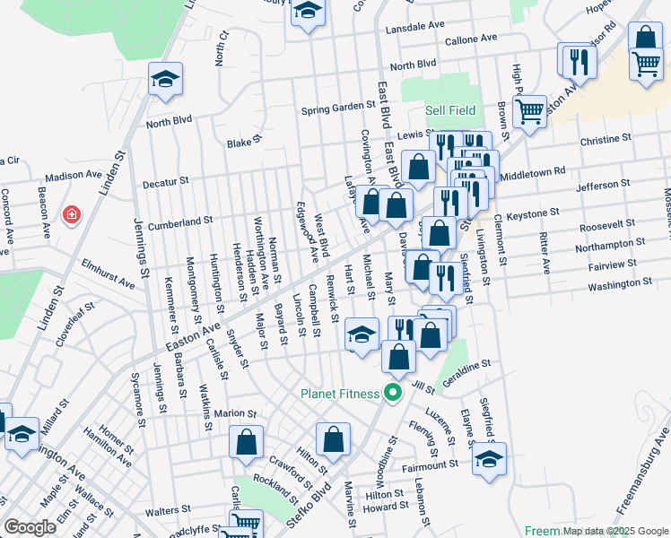 map of restaurants, bars, coffee shops, grocery stores, and more near 2308 Easton Avenue in Bethlehem