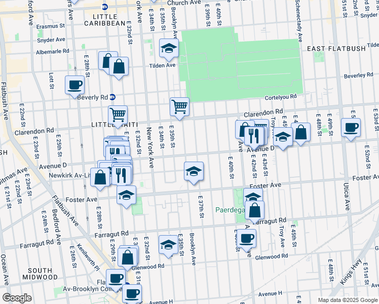 map of restaurants, bars, coffee shops, grocery stores, and more near 3611 Avenue D in Brooklyn