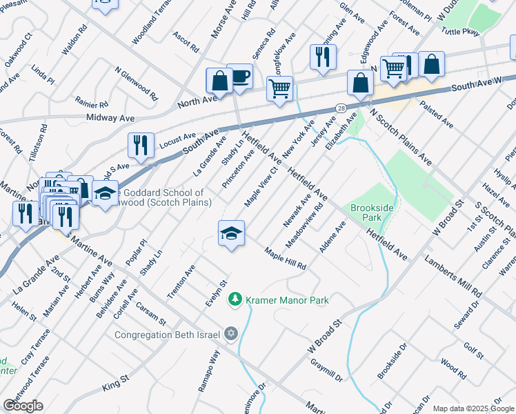 map of restaurants, bars, coffee shops, grocery stores, and more near 2057 Jersey Avenue in Scotch Plains