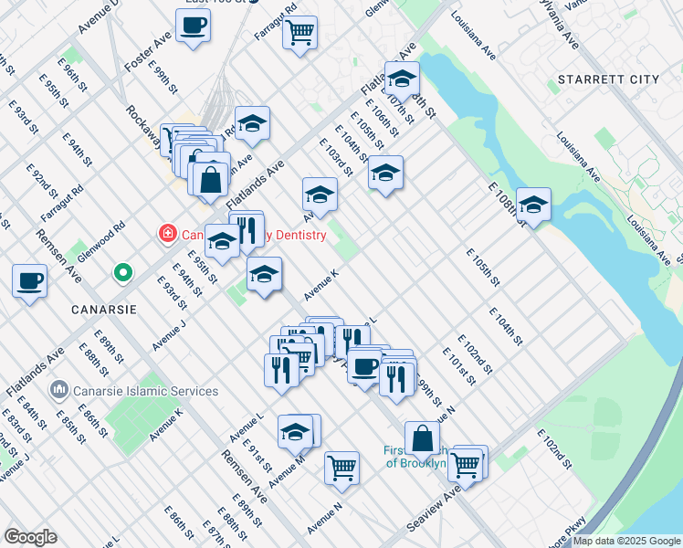 map of restaurants, bars, coffee shops, grocery stores, and more near 1129 East 99th Street in Brooklyn