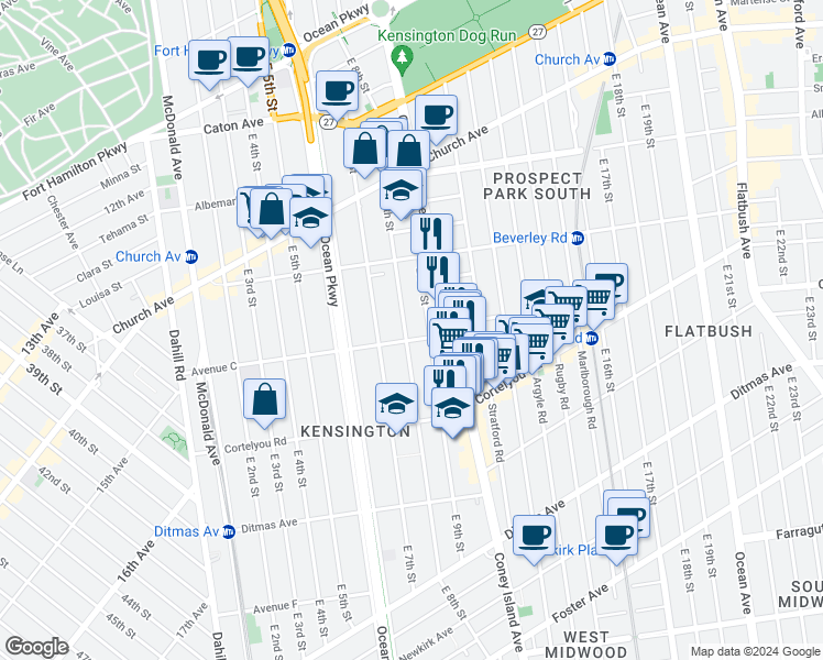 map of restaurants, bars, coffee shops, grocery stores, and more near 361 East 8th Street in Brooklyn
