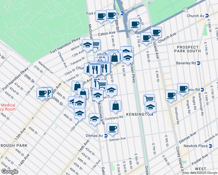 map of restaurants, bars, coffee shops, grocery stores, and more near 442 East 3rd Street in Brooklyn