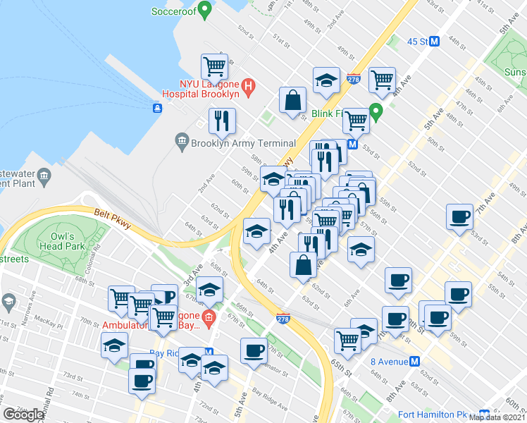 map of restaurants, bars, coffee shops, grocery stores, and more near 328 61st Street in Brooklyn