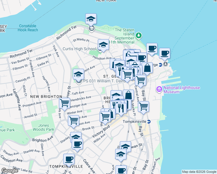 map of restaurants, bars, coffee shops, grocery stores, and more near 144 Daniel Low Terrace in Staten Island
