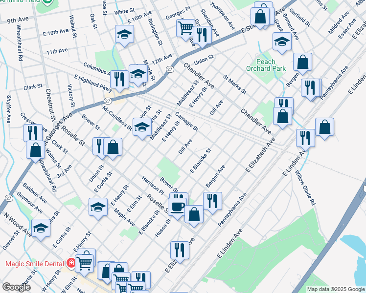 map of restaurants, bars, coffee shops, grocery stores, and more near 828 Dill Avenue in Linden