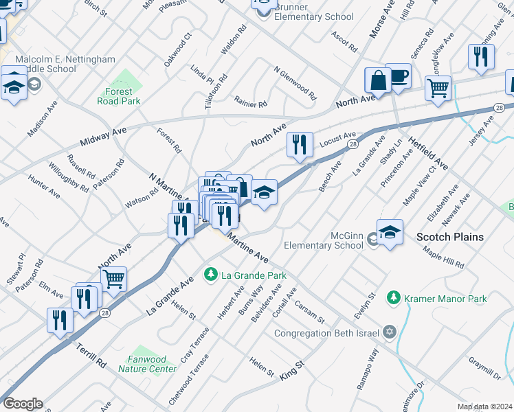 map of restaurants, bars, coffee shops, grocery stores, and more near 330 South Avenue in Fanwood
