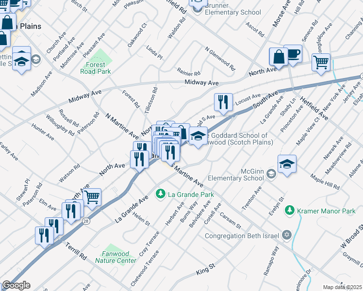 map of restaurants, bars, coffee shops, grocery stores, and more near 40 1st Street in Fanwood