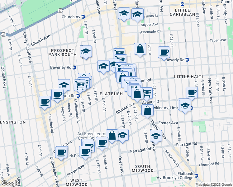 map of restaurants, bars, coffee shops, grocery stores, and more near 2012 Dorchester Road in Brooklyn