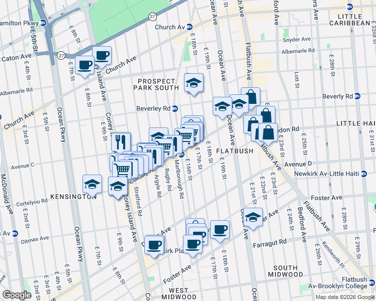 map of restaurants, bars, coffee shops, grocery stores, and more near 390 East 16th Street in Brooklyn