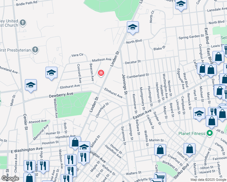 map of restaurants, bars, coffee shops, grocery stores, and more near 654 Elmhurst Avenue in Bethlehem