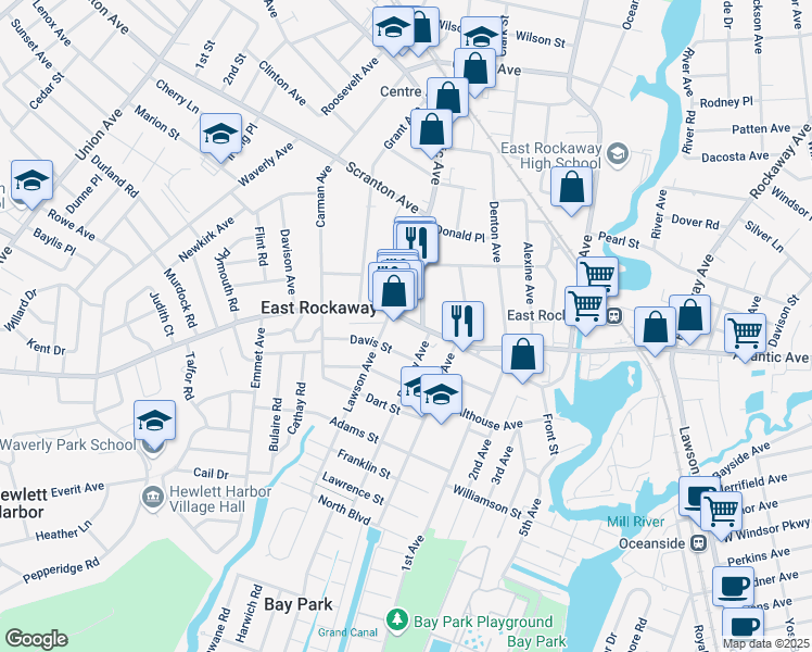 map of restaurants, bars, coffee shops, grocery stores, and more near 74 Davis Street in East Rockaway