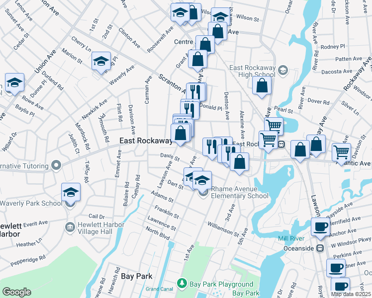 map of restaurants, bars, coffee shops, grocery stores, and more near 74 Davis Street in East Rockaway