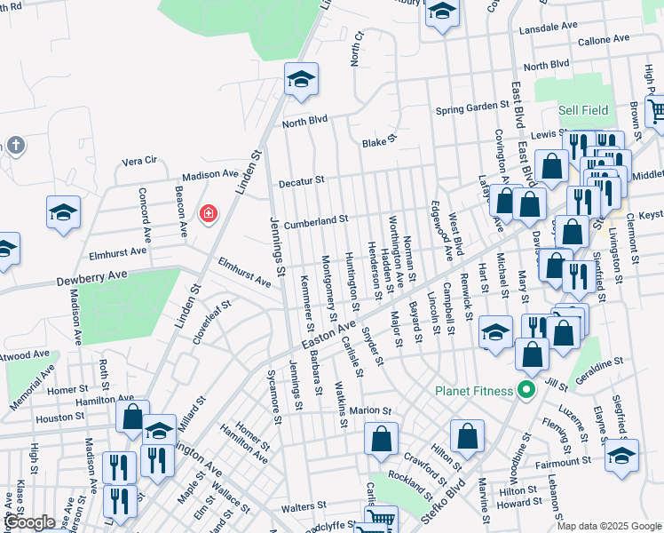 map of restaurants, bars, coffee shops, grocery stores, and more near 2048 Montgomery Street in Bethlehem