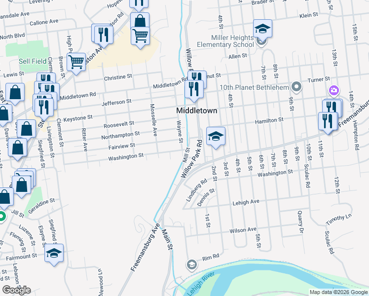map of restaurants, bars, coffee shops, grocery stores, and more near 1825 Mill Street in Bethlehem