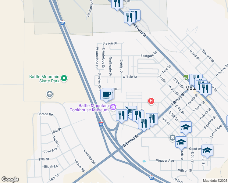 map of restaurants, bars, coffee shops, grocery stores, and more near 765 West Humboldt Street in Battle Mountain