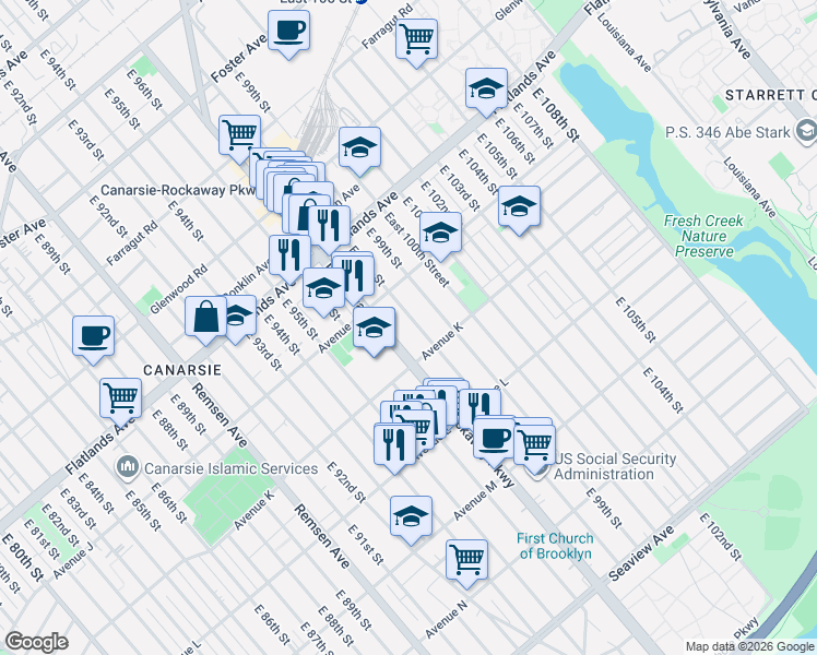 map of restaurants, bars, coffee shops, grocery stores, and more near 1651 Rockaway Parkway in Brooklyn