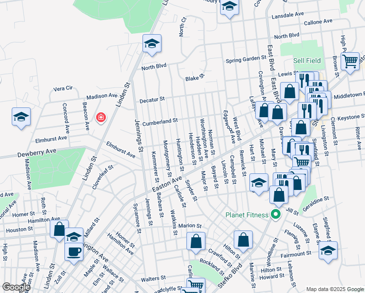 map of restaurants, bars, coffee shops, grocery stores, and more near 2042 Huntington Street in Bethlehem