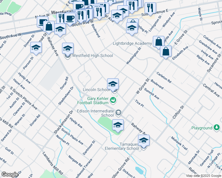 map of restaurants, bars, coffee shops, grocery stores, and more near 710 Westfield Avenue in Westfield