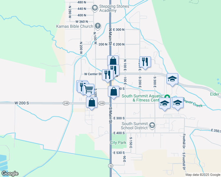 map of restaurants, bars, coffee shops, grocery stores, and more near State Road 32 in Kamas